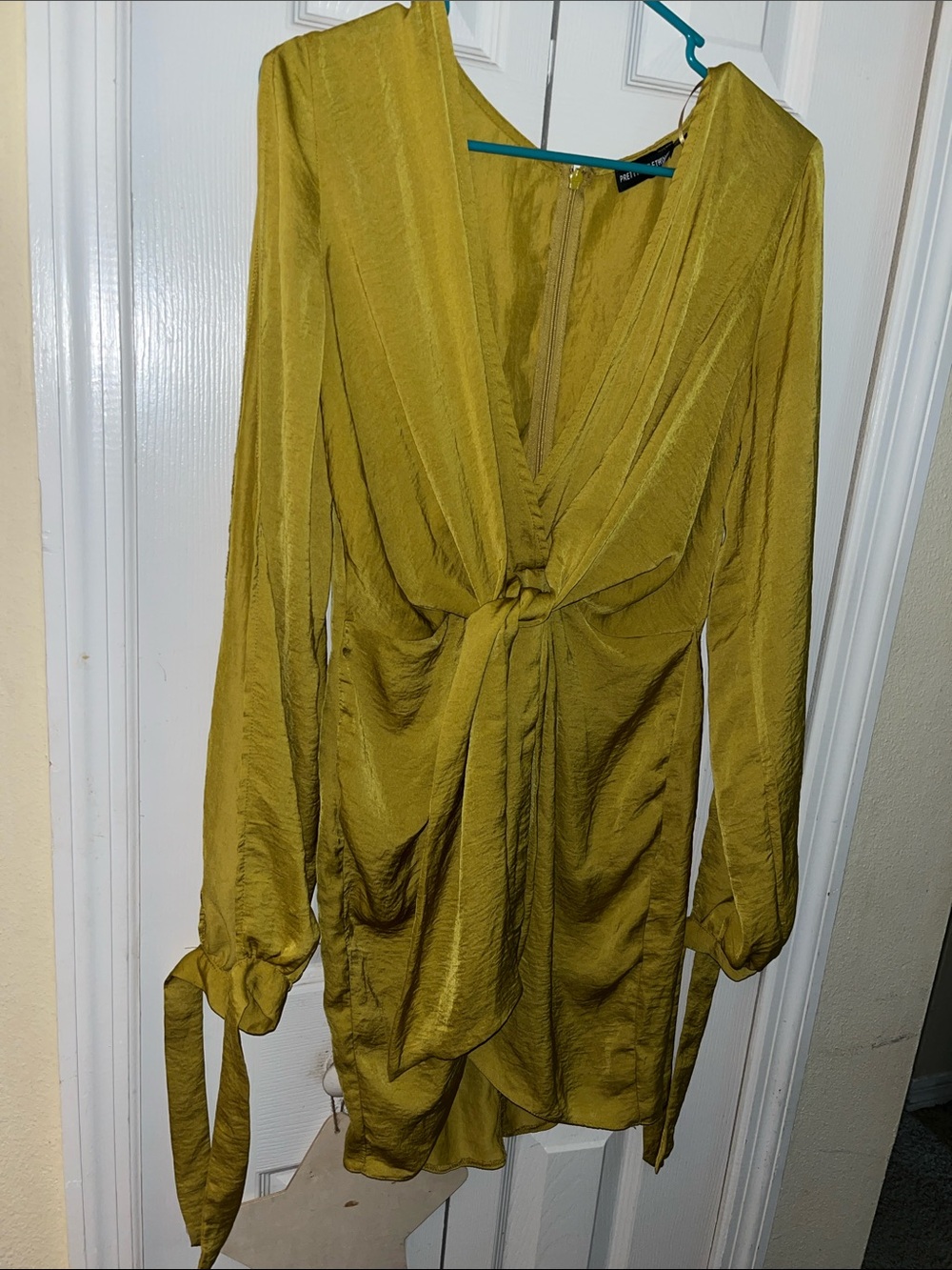 PrettyLittleThing Olive Knot-Front Long Sleeve Dress